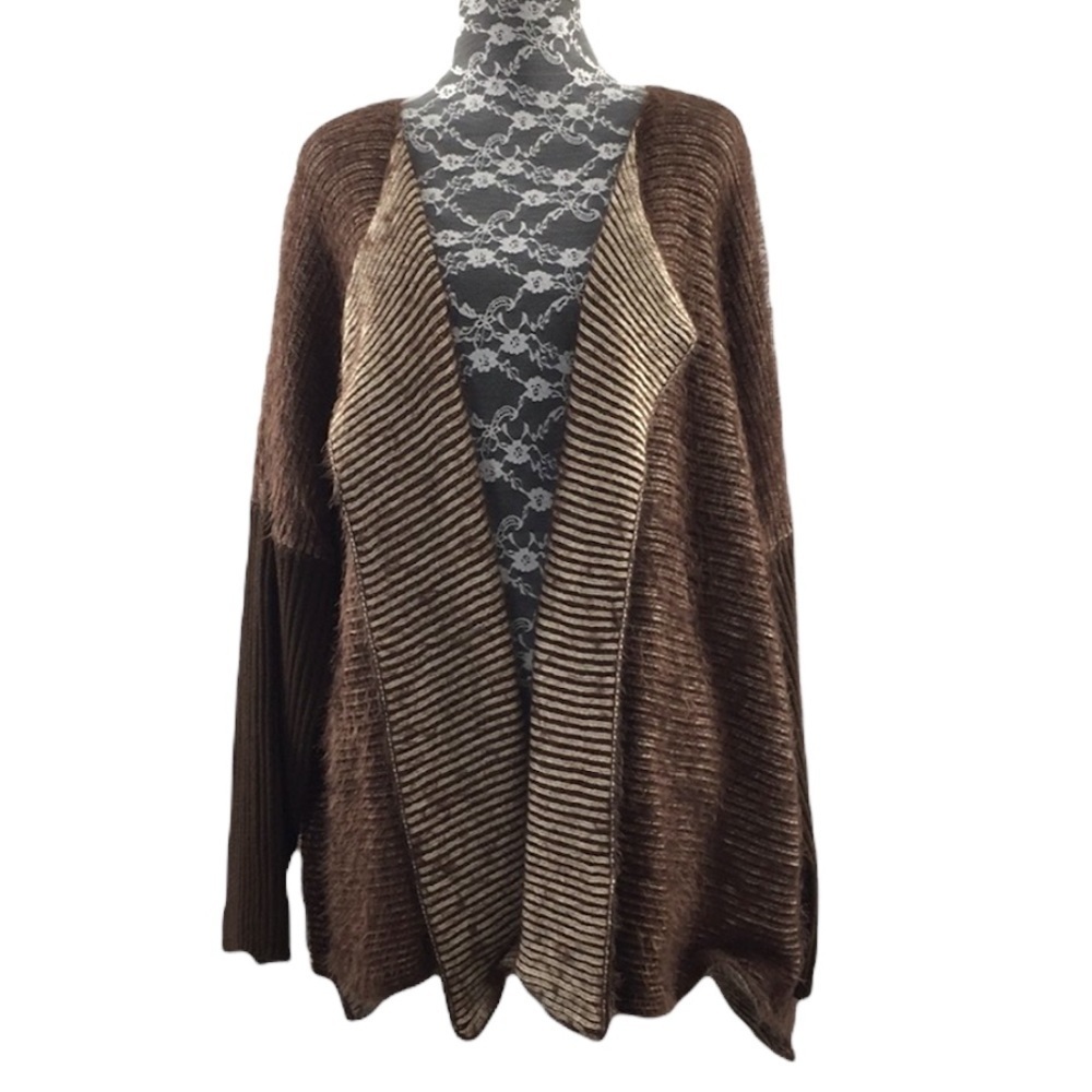 Simply Noelle Brown Tan Striped Cardigan‎ Womens XXL Open Drape Front Eyelash
